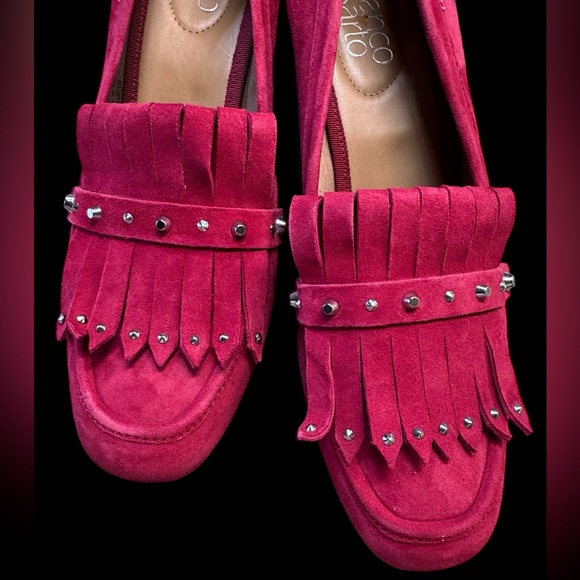 Franco Sarto Suede Loafers Red Fringed studded Toe Block Heel Chunky Sz 9 NWT - Picture 4 of 12